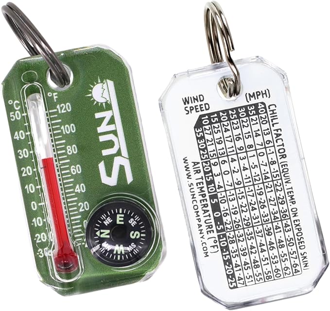 Sun Company Therm-o-Compass | Multi-Functional Zipper Pull Compass & Thermometer with Wind Chill Chart | Ideal for Camping, Hiking, and Outdoor Navigation