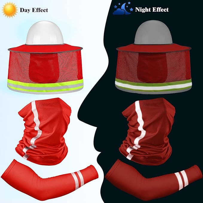 SATINIOR 3 Pcs Sun Hard Hat Neck Protection High Visibility Full Brim Mesh Sun Protection Bandana Headband Arm Sleeves with Reflective Strap for Construction Helmet Hard Hat(Red)