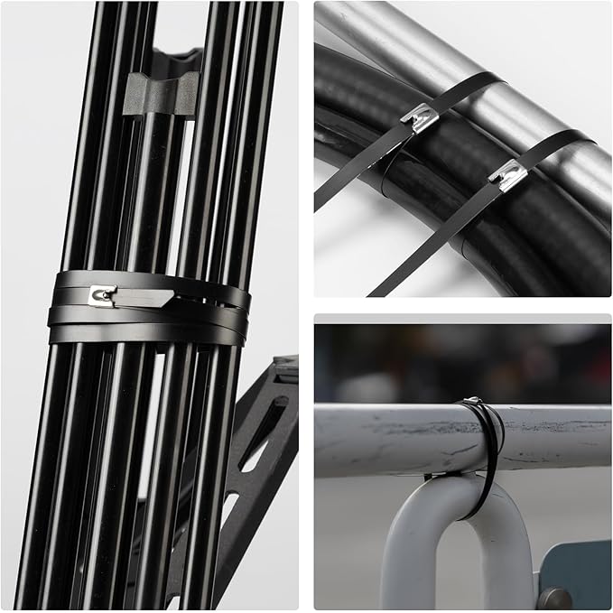 Metal Zip Ties Black 48 inch 408LB 25pcs Heavy Duty 304 Stainless Steel Epoxy Coated Locking Cable Exhaust Wrap Multi Purpose Binding for Machinery, Vehicles, Farms, Cables, Pipes,Fence