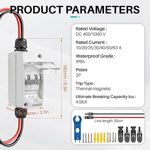 Solar Panel Disconnect Switch，400V 50Amp Solar Breaker， IP65 Outdoor Solar Breaker Box and Solar Disconnect Switch with PV Cable (400V 50Amp)