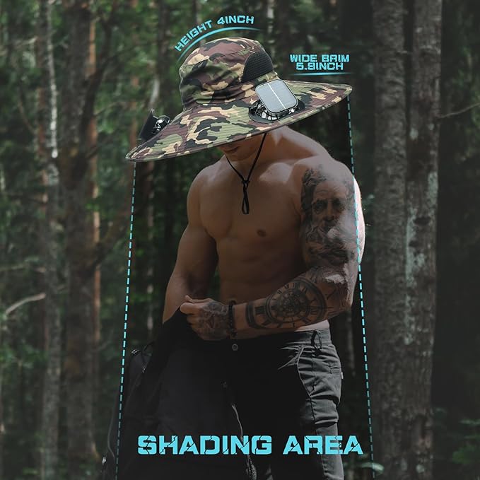 Berlune Men Sun Hat with 2 Solar Fans Wide Brim Outdoor Fishing Hat USB & Solar Powered for Sun Protection Camping Hiking
