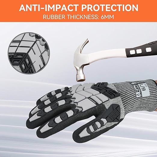 Safety Work Gloves, Impact Gloves for Men Women, Cut Resistant Non-Slip Heavy Duty Gloves with Nitrile Grip, Touch Screen Glove with Impact Protection for Mechanic Construction, Small, Grey