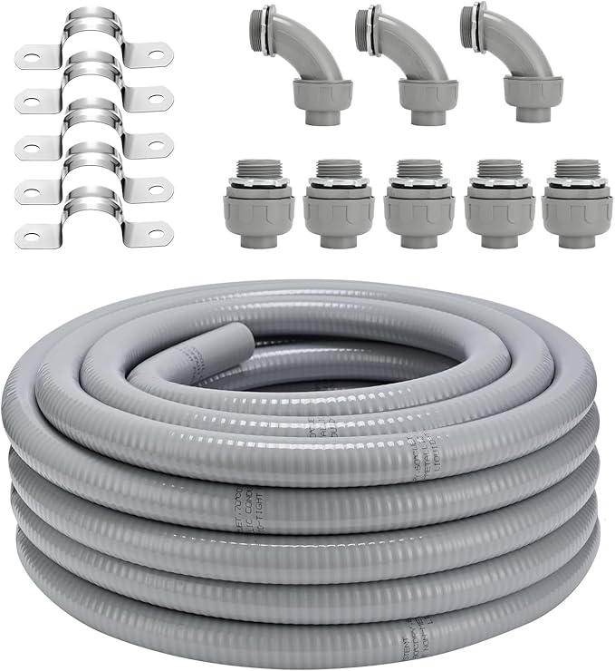 1inch 25ft Non-Metallic Liquid-Tight Conduit Connector Kit, Flexible Electrical Conduit, NPT Thread Straight/Angle Fittings & Clamps for LFNC-B, Weatherproof Outdoor UV Resistant for Outdoor & HVAC