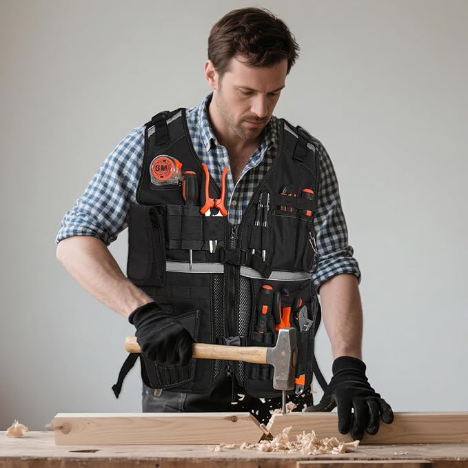 Electrician Tool Vest for Men, Reflective Safety Work Vest with Adjustable Thick Straps, Removable Phone Holder for Electrical, Carpenters, Construction, 22 Pockets