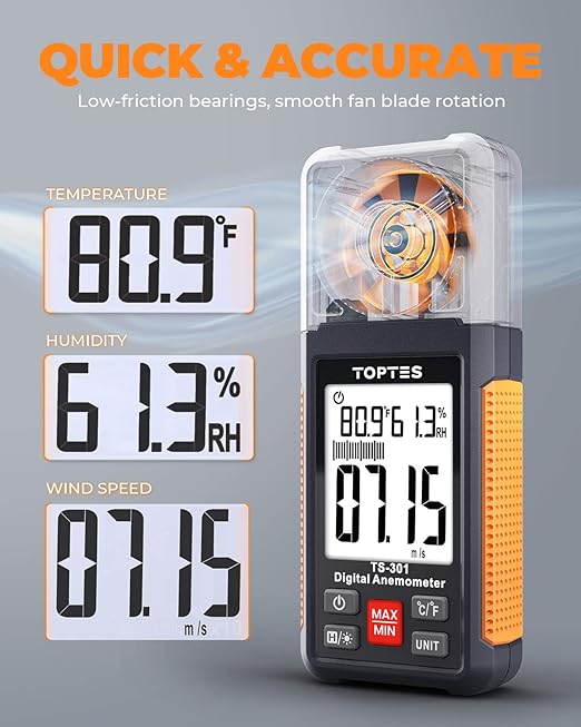 TopTes TS-301 Digital Anemometer, Wind Speed Meter with 2.26-inch Big Backlight LCD Screen, Air Flow Meter for Sailing Surfing Drone Flying RC Plane Golf Shooting HVAC