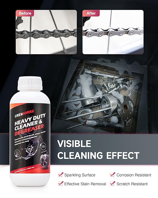 CREWORKS Ultrasonic Cleaner Solution for Carburetors and Engine Parts, 34 fl oz Ultrasonic Cleaning Solution Works with Ultrasonic Machines, Extra Concentrated Cleaning Fluid for Industrial Use