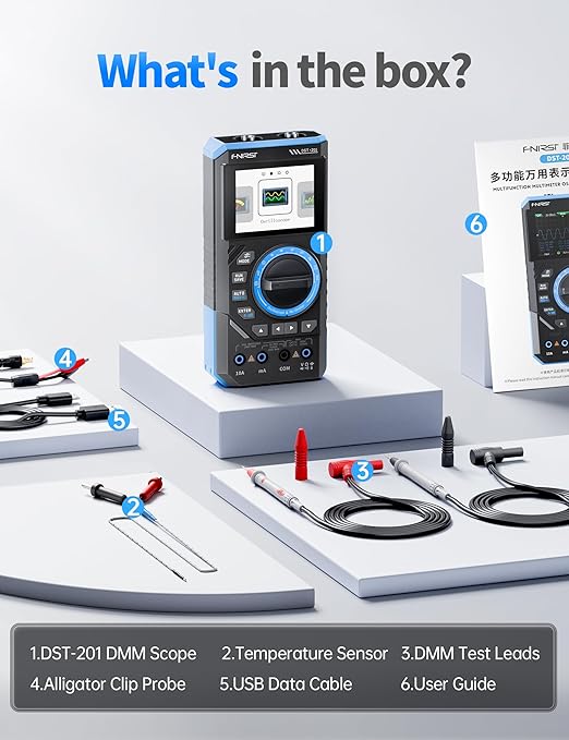 FNIRSI DST-201 3IN1 Digital Multimeter 19999 Counts TRMS, 1MHz Bandwidth Handheld Oscilloscope Multimeter DDS Generator, 5MSa/s Sample Rate, AC/DC Voltage Current Capacitor Resistor Diode Temperature