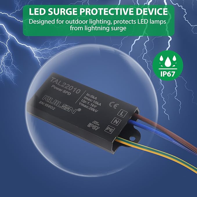 LED Surge Protective Device, 2 Pcs Power Surge Protector for Lightning Protection, Surge Arrester for Indoor and Outdoor Lighting(110-277 VAC)