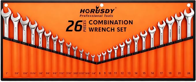 HORUSDY 26-Piece Durable Combination Wrench Set with Roll-up Pouch, Open End Wrench Set for General Household, Garage, Auto Repairs, SAE 1/4” - 1” and Metric 8mm - 24mm