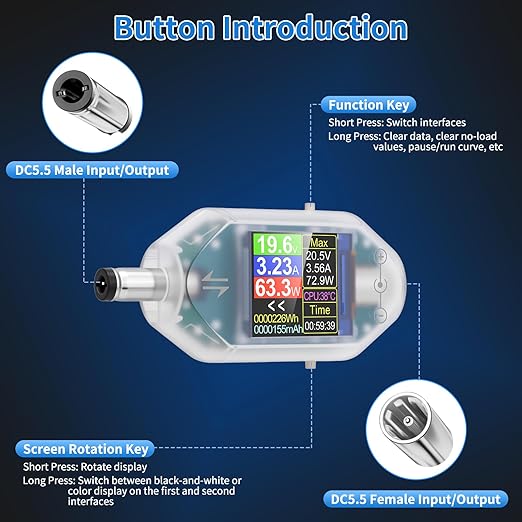 DC Voltage Tester Power Meter, 4.5-50V 0-12A Two-Way Measurement Voltage Current Capacity Amp Volt Voltmeter Ammeter Detector Digital Tester for DC 5.5 x 2.5/2.1 Port Device, Transparent