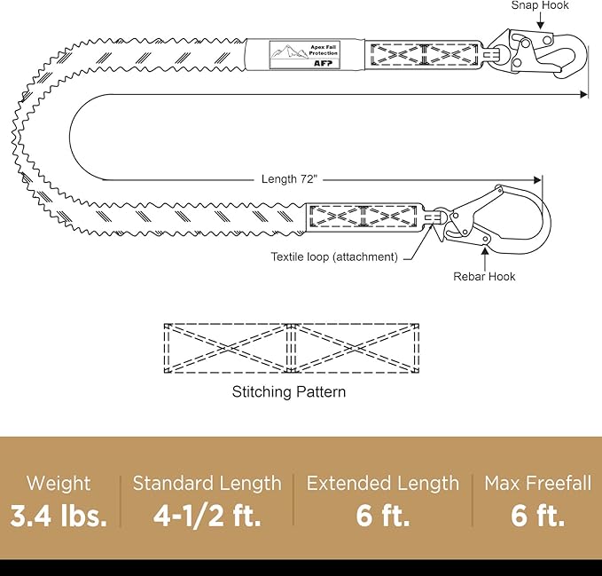 AFP 6FT Single Leg Internal Shock Absorbing Safety Fall Protection Lanyard with Pelican Rebar & Snap Hook |Heavy-Duty Webbing | Roofer, Construction, Scaffolding PPE | OSHA & ANSI Rated