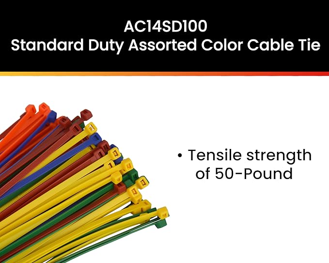 Pro Tie AC14SD100 14.6-Inch Assorted Color Standard Duty Color Cable Tie, Assorted Nylon, 100-Pack