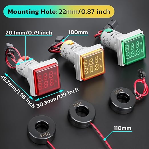 DROK AC Volt Amp Tester, 3pcs AC 60-500V 100A Voltage Current Monitor Digital LED Display Voltmeter 110v 220v Volt Detetor Green Red Yellow Signal Indicator Light Panel