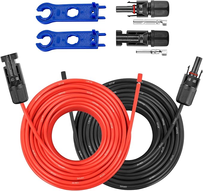 10AWG Solar Extension Panel Cable - 100FT PV Wire with Waterproof Female and Male Connector and Adaptor Kit Tool PV Wire for RV, Home, Boat, Solar Panels(100feet Red + 100feet Black)