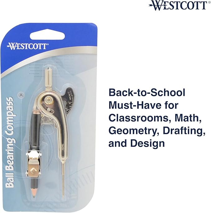 Westcott Nickel-Plated Ball Bearing Compass with Pencil, Professional Style, Back-to-School Supplies, Draws Circles up to 13 Inches in Diameter