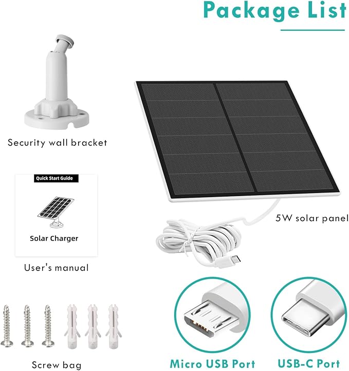 5W Solar Panel for Security Camera, USB Solar Panel for DC 5V Outdoor Rechargeable Battery Camera, Solar Panels with Micro USB and USB-C Port, Adjustable Security Mount, IP65 Waterproof, 9.8ft Cable