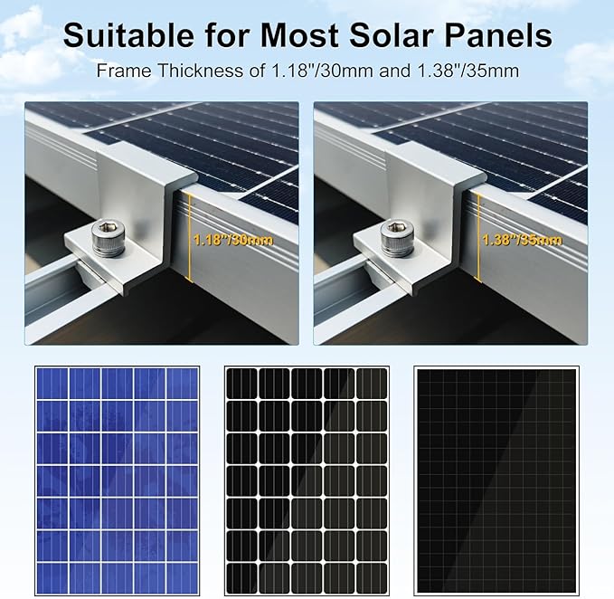 10 PCS Solar Panel Mounting Brackets Kits, Aluminum Alloy 120mm Z Bracket Solar Panel Mounting Rails, 30mm/35mm End Clamp & Mid Clamp for Flat, Metal, Tin, Sheet Roof