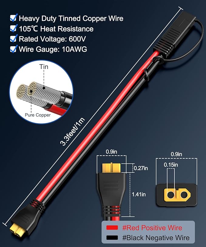 ELECTOP 10AWG SAE to XT60 Connector Extension Cable, SAE Plug XT60 Female Adapter Charger Solar Panel Cable Connector Kit for Solar Generator Portable Power Station with Polarity Reverse Adapter