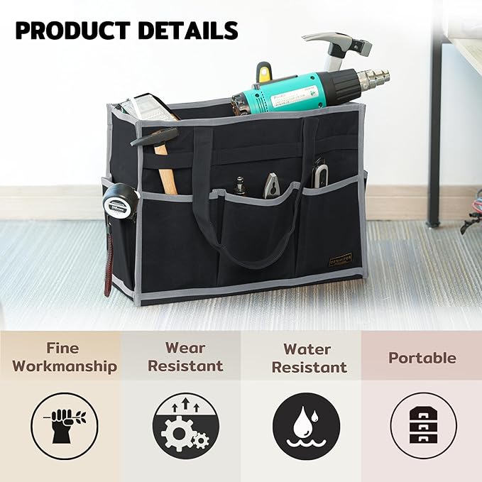 Tool Bag,Tool Pouch with 6 Pockets,Heavy Duty Waxed Canvas Garden Tool Bag Tool Case,16.5 x 7 x 12 Inch & Black