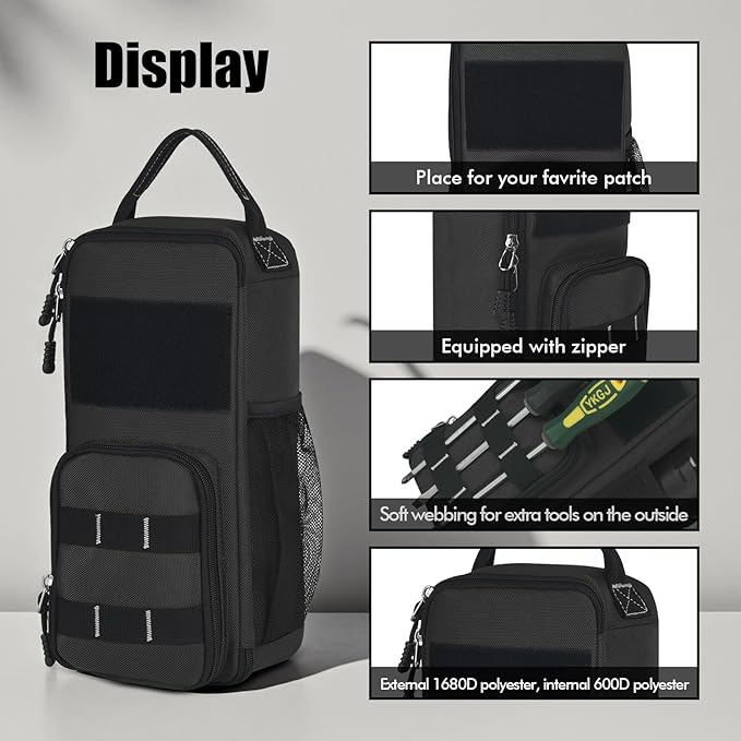 LAKE OF FIRE 12.6" Small Tool Bag Pouch for Men with Multiple Pockets, Waterproof Heavy Duty Tool Bag Organizer with Zipper and Portable Handle (Black)
