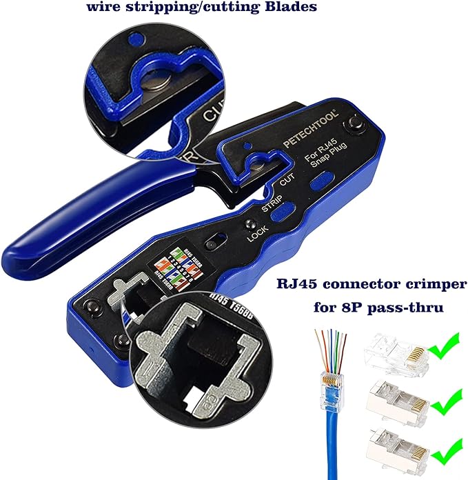 RJ45 Crimp Tool for Cat5e Cat6 Cat6a Pass Thrugh Connectors with 20 pieces Cat6 Connectors and 20 Pieces Boots