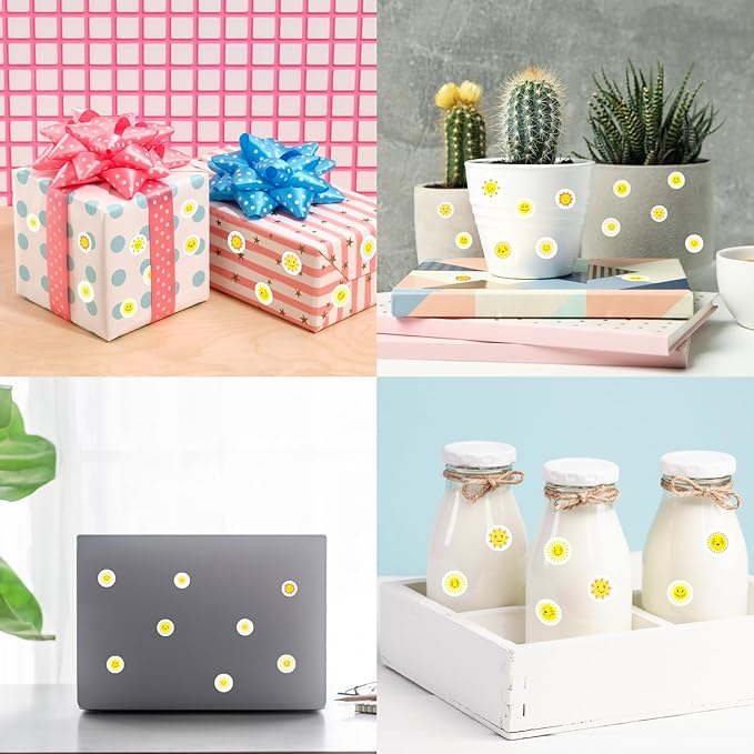 2400 Pcs Small Stickers for Kids,Mini Sun Sticker Cute Smile Face Paper Decals 10 Designs Yellow Self-Adhesive Stickers for Summer Party Envelopes Scrapbook Gifts DIY Supplies,0.5in（Sun）