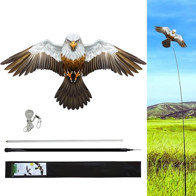 eyijklzo Bird Scarer Flying Kite with Pole Crops Farm Bald Eagle Kite Scaring Birds