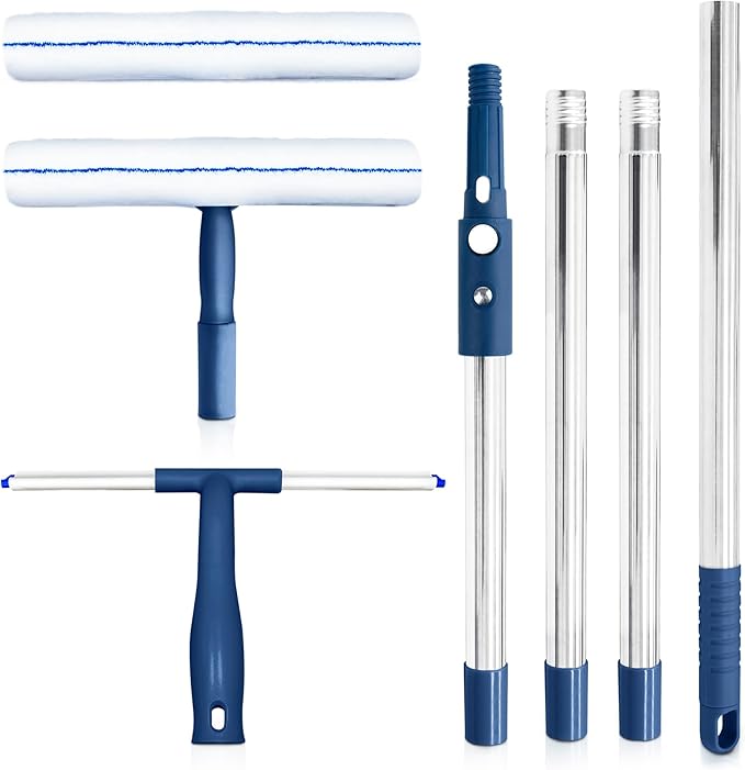 DSV Standard Window Cleaning Kit 62’’, Window Washing Kit with Extension Pole with Silicone Scraper and 2X Microfiber Scrubber Sleeves, Window Cleaner Tool for Home, Shower, Glass, Mirror, Car