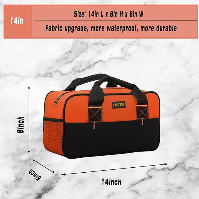 FASTECH 14 Inch Small Tool Tote Bag, Wide Mouth Zipper Bag, Waterproof Tool Organizer Bag, Multi-Pockets Wide Mouth Tool Tote For Man/Woman (Orange)