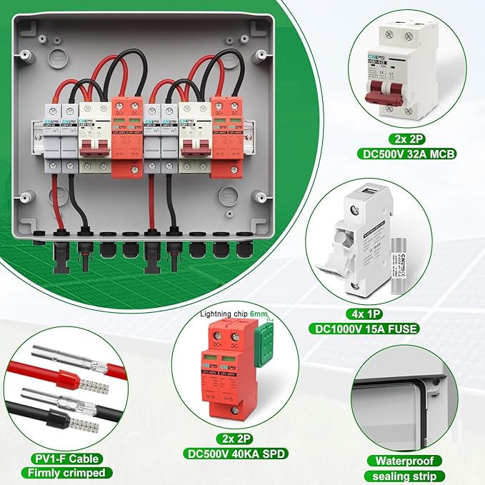 2 String Solar PV Combiner Box 2 in 2 Out IP65 DC500V 32A Circuit Breaker with Surge Protector and 15A PV Fuse,Solar Disconnect Switch Outdoor Waterproof for Solar Panels System