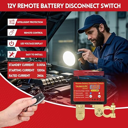 Remote Battery Disconnect Switch 12V 240A with Led Voltage Display, Ultra-Low Standby Current (0.001A), Anti Theft and Battery Drain, Battery Kill Switch for Car, RV, ATV, Truck, Tractor, Boat