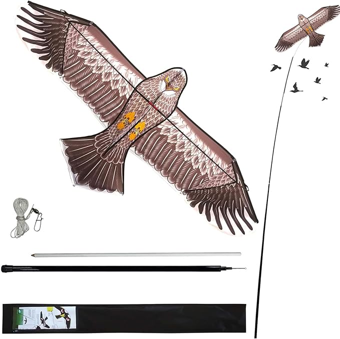 eyijklzo Hawk Kite Bird Scarer with 4M Adjustable Pole - Wind-Driven Motion for Farm, Chicken Coop, Orchard Protection - Hawk Deterrent for Chickens, Crops, Vineyards (Maroon)