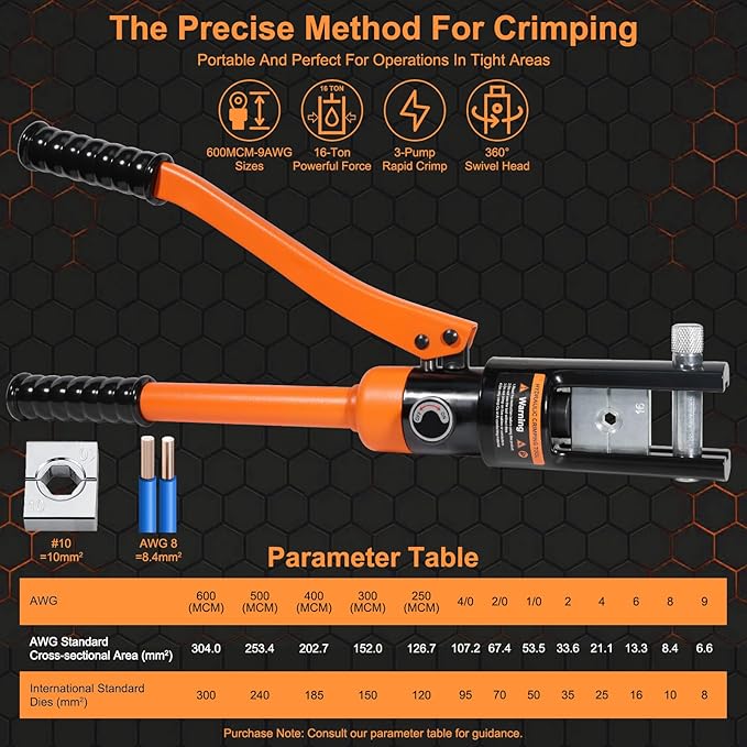16 Ton Hydraulic Crimping Tool, Professional Battery Cable Crimper with 13 Die Sets, 9AWG to 600MCM Cable Crimping Tool (Triple-Stroke Fast Hydraulic Crimper)