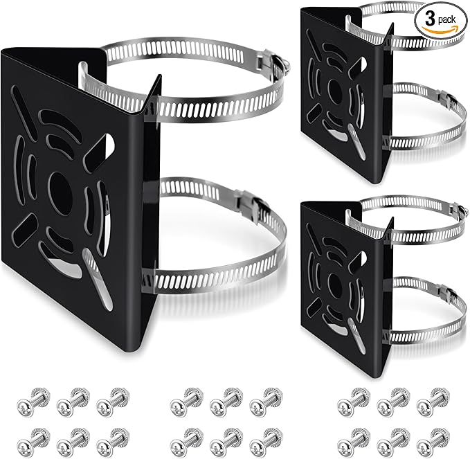 3 Pcs Universal Vertical Pole Mount for Security Camera Wall Mounting Bracket with 6 Loops Solid Metal Pole Bracket for CCTV Camera Indoor Outdoor Solar Panel LED Wall/ Stage Light (Black)
