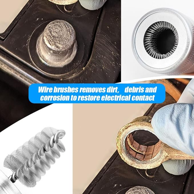 Battery Brush, Battery Cable Cleaner, Dirt Corrosion Brushes, Battery Terminal Anti Corrosion Washers, Car Battery Cleaner Tool with 12Pcs Protector Fibe and 2Pcs Cleaning Brush for Car