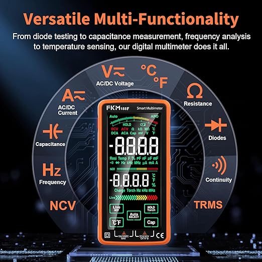 FKM Pro Digital Multimeter Tester,Compact & Rechargeable Voltmeter w/ 5″ Touch Screen,Auto-Ranging,TRMS 6000 Counts,High Accuracy,Smart Electrical Tester Measures DC/AC Voltage,Current,Resistance,Temp