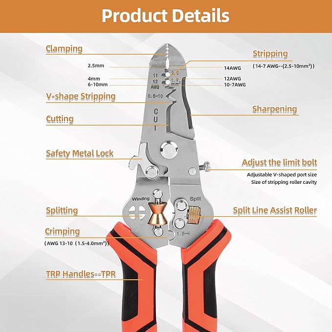 Wire Stripper Cutter Crimping Tool - 9 in 1 Wire Stripper Tool with Cutter Crimper Function AWG 22-10 Wire Cutters Pliers for Wire Splitting,Stripping,Cutting,Crimping, Clamping,Winding,Sharpening