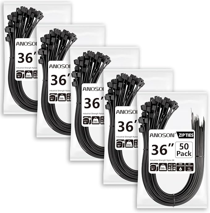Large Zip Ties 36 inch (250 Pack), Long Zip Ties Heavy Duty with 250 lb Tensile Strength, Big Cable Ties, Black, by ANOSON