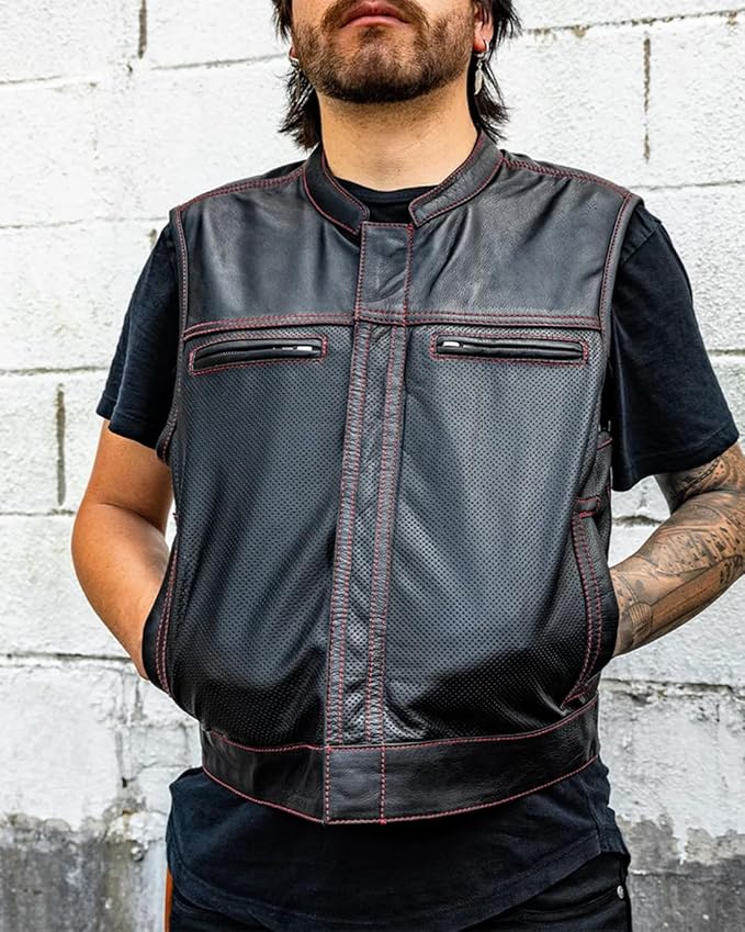 First Mfg Co Lowrider Mens Motorcycle Biker Riding Armor Club Style Black Leather, Twill, Moto Mesh, Perforated Vest