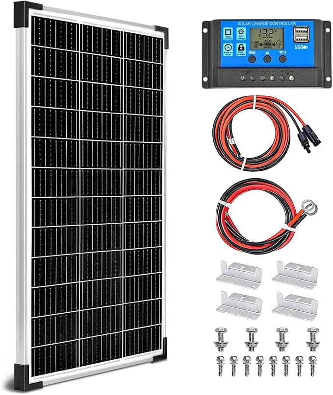 Solar Panel Kit 100W 12V Monocrystalline,Battery Maintainer +20A Solar Charge Controller +16.4Ft Extension Cable with Battery Clips O-Ring Terminal for RV Marine Boat Off Grid System