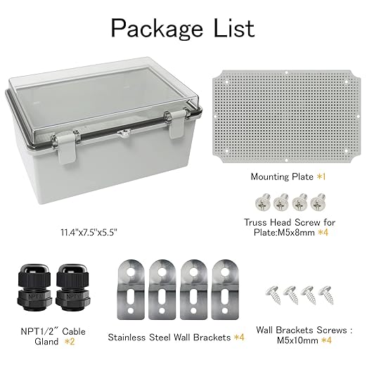 Junction Box IP65 Waterproof ABS Plastic Enclosure Hinged PC Clear Cover Electrical Project Box with Mounting Plate, Wall Brackets, Cable Glands 11.4" x 7.5" x 5.5"(290 * 190 * 140)