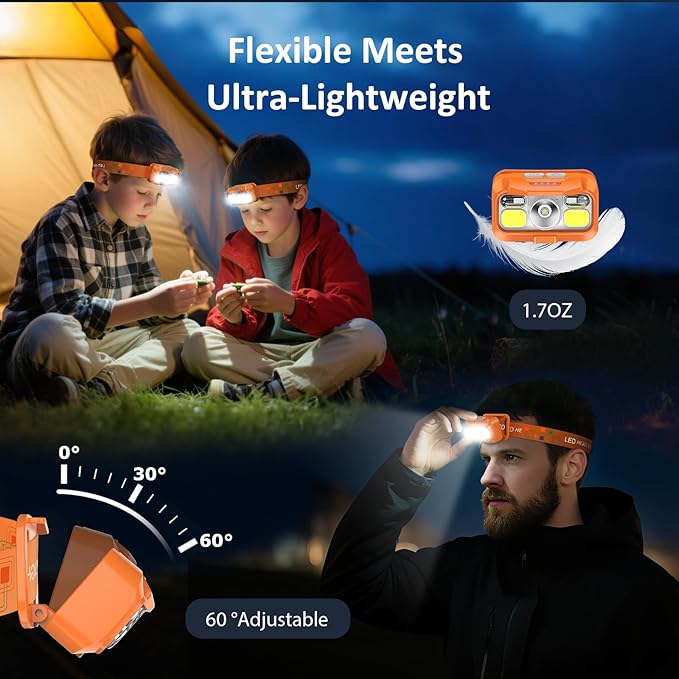 LHKNL Headlamp Rechargeable, Lumen Super Bright Motion Sensor Head Lamp Flashlight,2-Pack Waterproof LED Headlight with White Red Light,8 Modes Head Lights for Camping Cycling Running Fishing-Orange