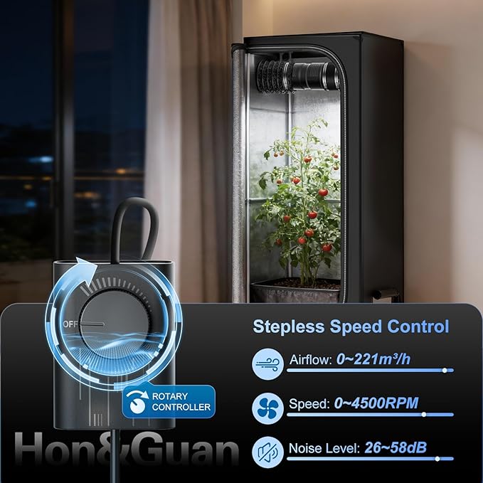 Hon&Guan 4 Inch Upgrade Inline Duct Fan with Stepless Speed Controller - 130 CFM, 6W Low Power, Low Noise Ventilation Fan for Grow Tents, Hydroponics, Basements