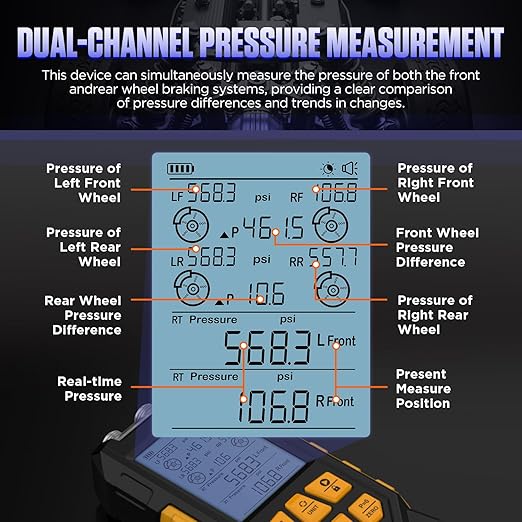 Brake System Pressure Tester with 11 Adapters, 3 Units Switch, Magnetic Back, Smart Alarm Notification, Dual-Port Digital Brake Pressure Tester, 10-21000Kpa, PT660
