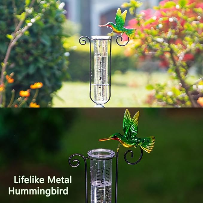 Rain Gauge Outdoor,42 Inch Solar Rain Gauges Decorative with Lotus Flower Spinner Light,Large Number Plastic Tube Rain Catcher Freeze Proof Hummingbird Water Gauge for Garden Yard Lawn