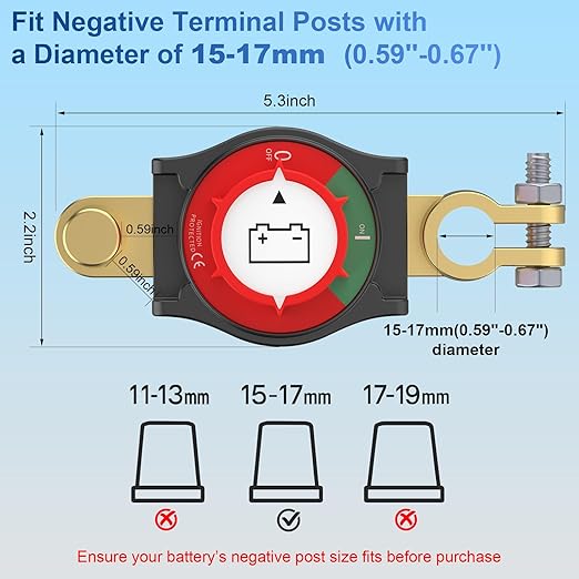 Top Post Battery Disconnect Switch, Car Battery Disconnect Switch, 3rd Gen Battery Kill Switch for Car Truck Boat RV, Heavy Duty, 12V/300A, Negative On/Off