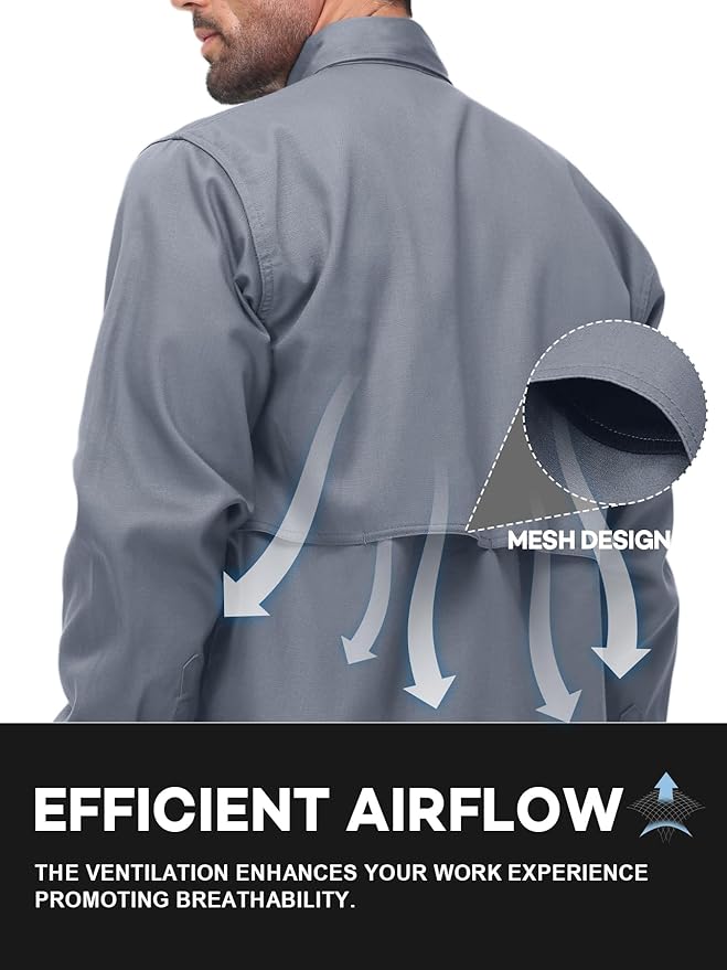 FR Shirt for Men 6oz Ripstop Lightweight Back Vented Mesh Breathable Flame Resistant CAT2 NFPA2112 Welding Shirts