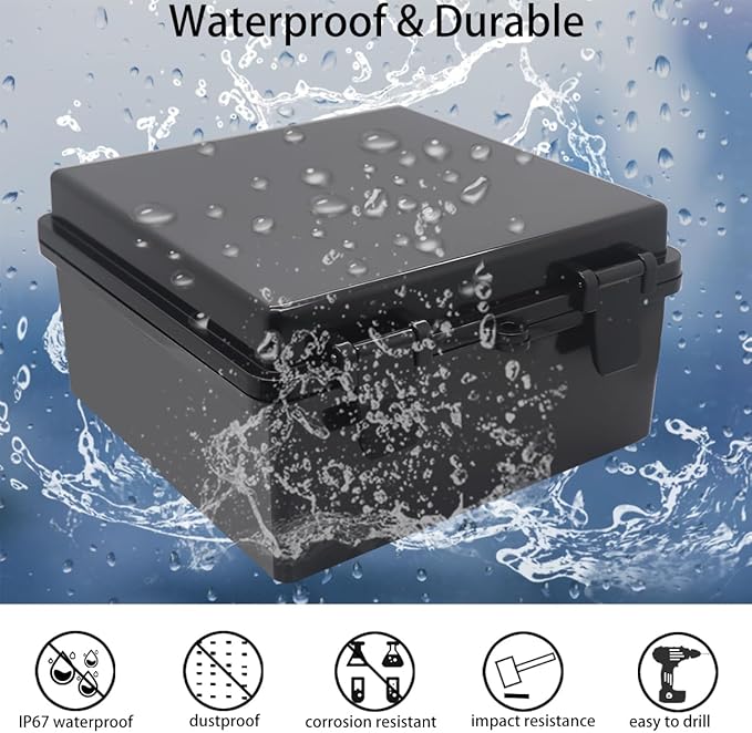 Junction Box, Hinged Black Cover IP67 Waterproof ABS Project Box with Mounting Plate Electrical Box Enclosure with Wall Bracket 8.3 x 8.3 x 4.3inch(210x210x110mm)