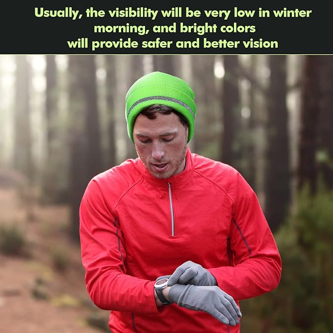 Reflective Knit Hat Safety Beanies Adult High Visibility Beanie Neon Winter Knit Caps with Reflective Stripe