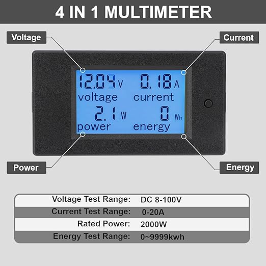 DROK Digital Multimeter DC 8-100V 20A Voltage Amperage Power Energy Meter, DC Volt Amp Tester Gauge Monitor LCD Digital Display with Built-in Shunt